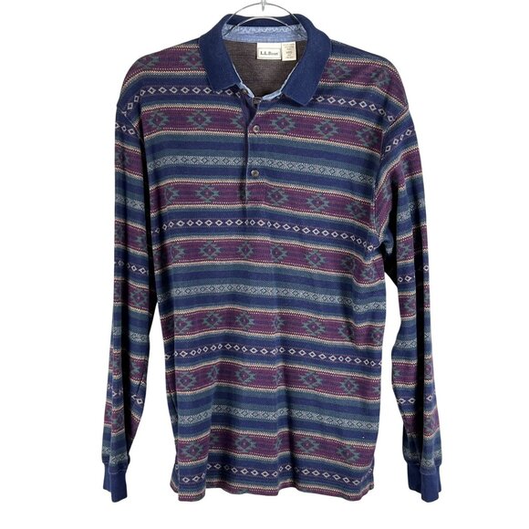 Vintage L.L. Bean Mens M Native Aztec Long Sleeve Polo Shirt 1990 Jamaica Made - Picture 10 of 13